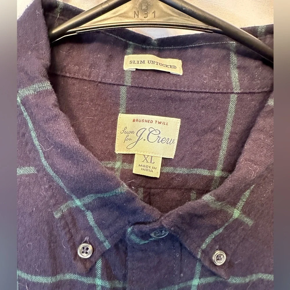 J.CREW Men’s XL Brushed Twill Button Down Navy Green Windowpane‎ Slim Untucked